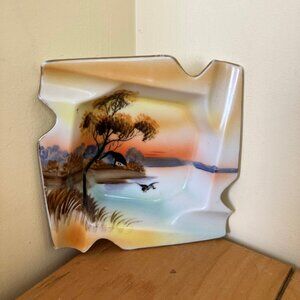 Noritake Hand Painted Square Ashtray Vintage Made in Japan Lake Sunset Design